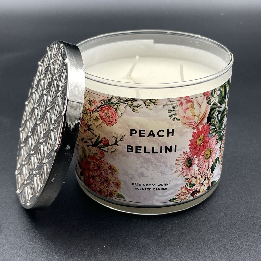 Bath & Body Works Peach Bellini 3 Wick Candle Floral Lid 14.5 oz
